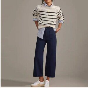 Anthropologie Maeve The Collette wide leg pants Linen blend crop navy blue 29 T
